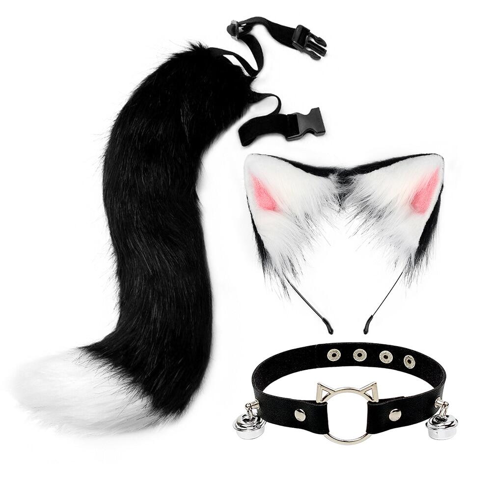 Kẹp tóc tai mèo nhung lông lolita bộ vòng cổ choker cổ chuông bằng da giả trang phục hóa trang động vật anime