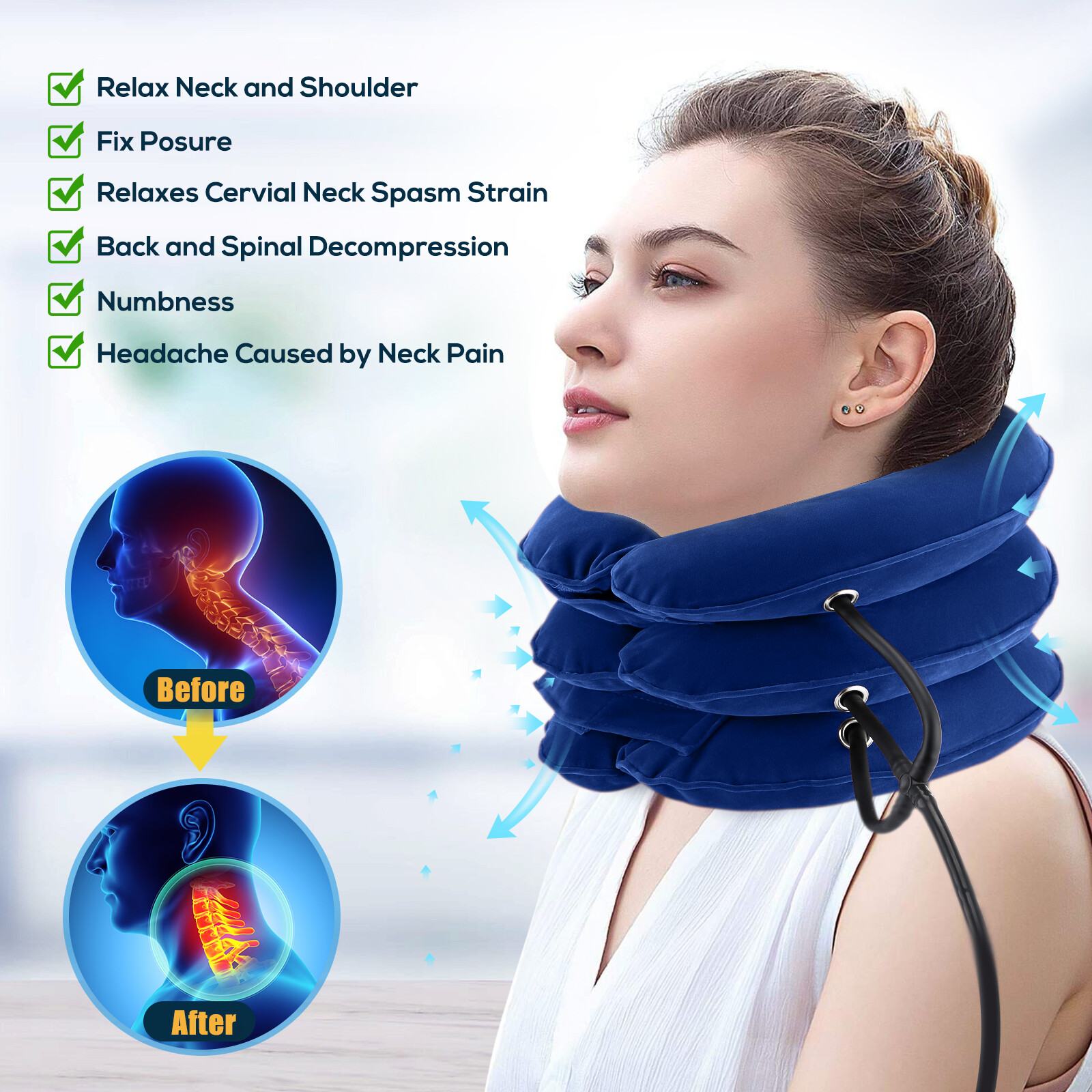 Thiết bị kéo cổ tử cung bơm hơi gối cổ mềm đai kéo giãn tư thế cổ giảm căng thẳng đau