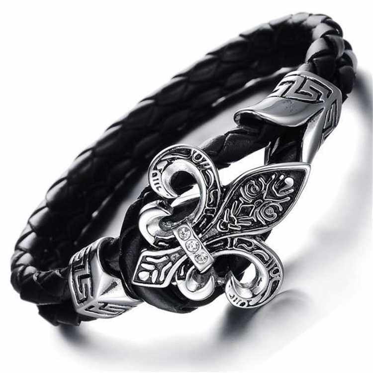 Punk Chrome Titanium Steel Hearts Charm Accessories Rock Leather Braided Cross Flower Bracelet