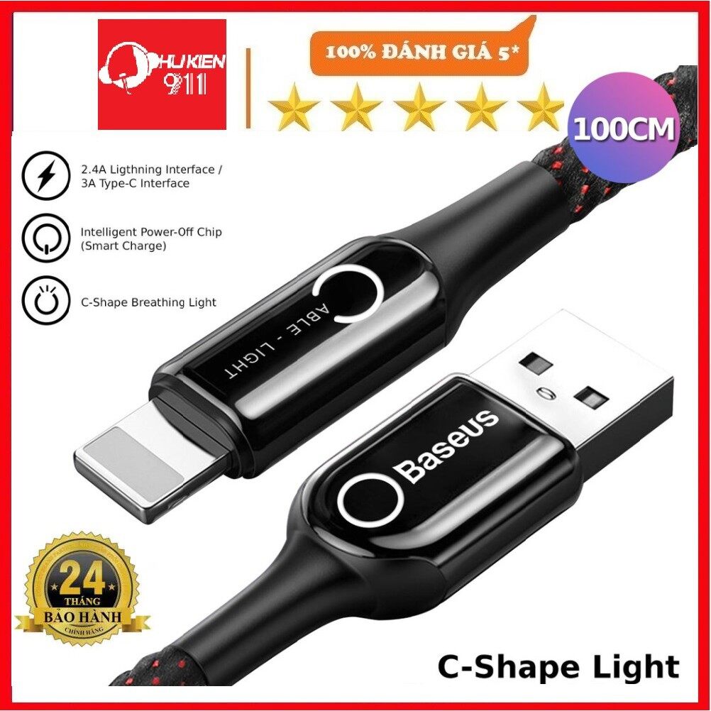 Dây sạc iphone baseus c-shaped light tự ngắt thông minh sạc nhanh 2.4a,sạc iphone 6/7/x/11/12 - đông dương