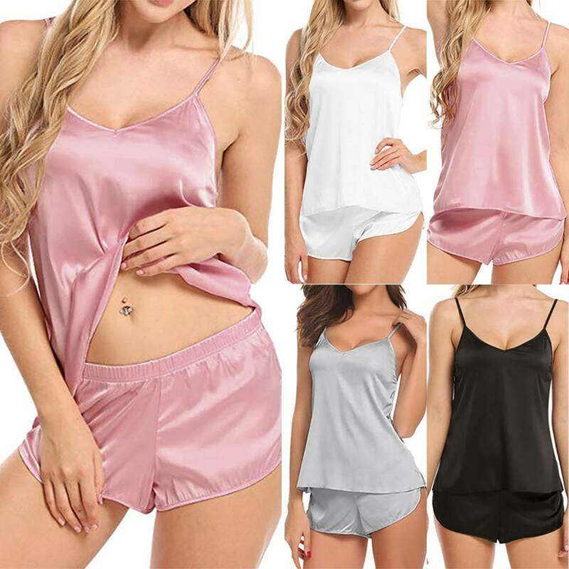 Kraiefs Bộ Quần Đùi Áo Hai Dây Mềm Satin Cho Nữ Đồ Ngủ, Đồ Ngủ, Quần Áo Ngủ COD