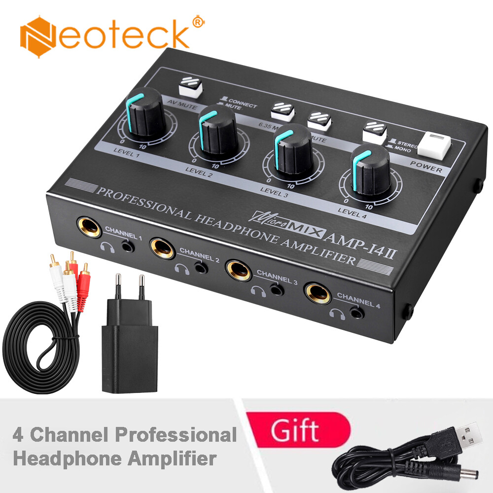 Neoteck bộ khuếch đại tai nghe chuyên nghiệp 4 kênh, bộ khuếch đại âm thanh mono/stereo với đầu vào rca & 3.5mm & 6.35mm, đầu ra 3.5mm & 6.35mm, tắt tiếng, bộ đổi nguồn, cáp âm thanh, lý tưởng cho studio và sân khấu