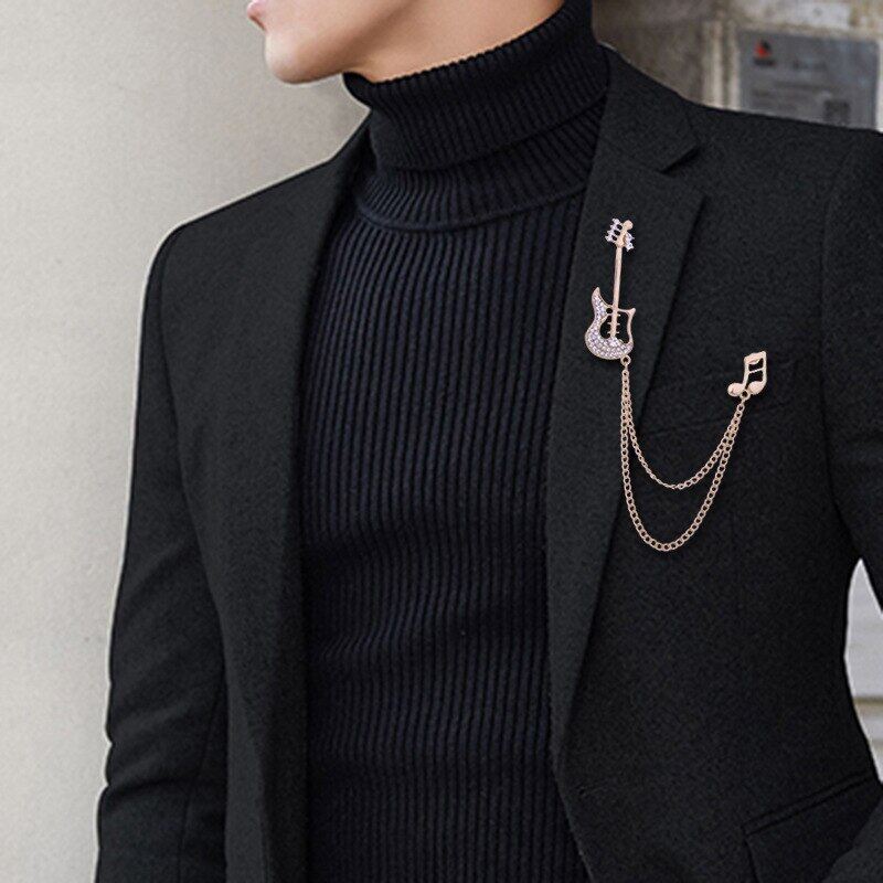 Korean New Guitar Music Notes Brooch Crystal Tassels Chain Lapel