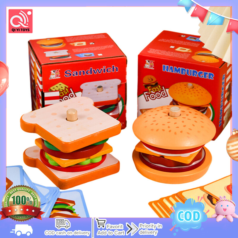 2023new Children Wooden Toys Simulation Hamburger Sandwich Color Shape