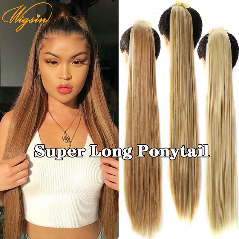 Tóc đuôi ngựa dài thẳng 85cm tóc tổng hợp chịu nhiệt quấn dây rút tóc vàng đen nối tóc đuôi ngựa cho nữ