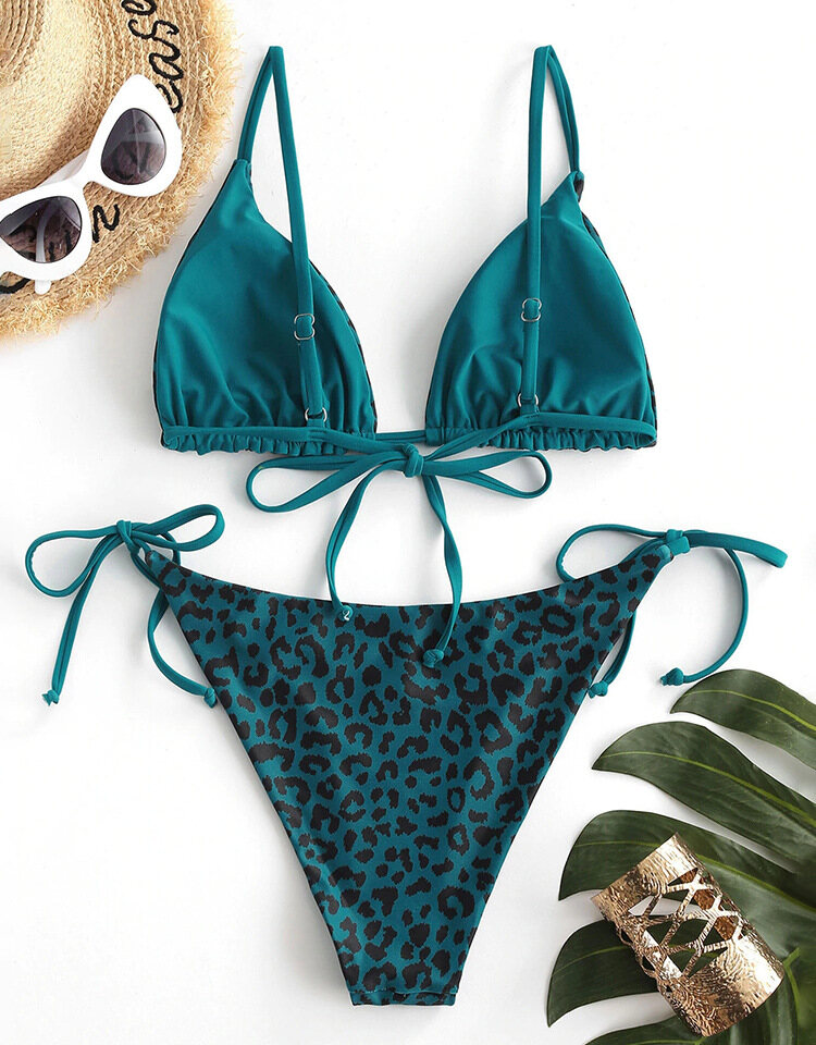 Bộ Bikini 2 Món Da Báo Cho Nữ, Áo Hai Dây Có Dây Rút Cổ Chữ V Phong Cách Xẻ Tà Với Side Tie Tam Giác Đáy