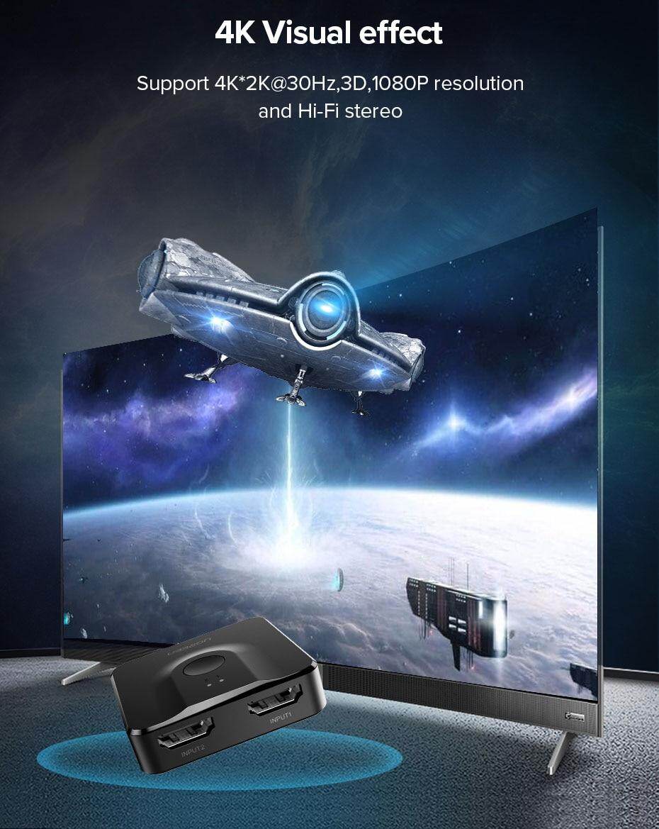 Ugreen Bi-Directional HDMI Switch 4K switcher 7 <strong>NOTE:</strong> 2 monitors CANNOT display simultaneously. --- The total length of HDMI cable should be less than 5M at 4K resolution, and less than 15M at 1080P. --- The product does not support automatic signal detection , and channel 1 is selected by default after power-on. --- The product itself does not include HDMI cables --- If the HDMI switcher does not work,please check your input device whether with external power,the use of the connection wire is consistent with the requirements of the standard wire.
