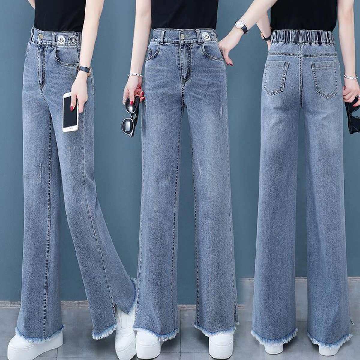 Синие джинсы женские с высокой талией широкие