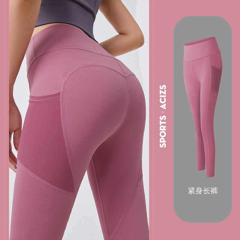Jogging Long Yoga Pants Anti Cellulite Pants Women Muslimah with Pockets Women's Summer Buttocks Fitness Pants Thin Quick-drying Stretch Tight Mesh Side Pockets Running Bottoming Yoga Clothes