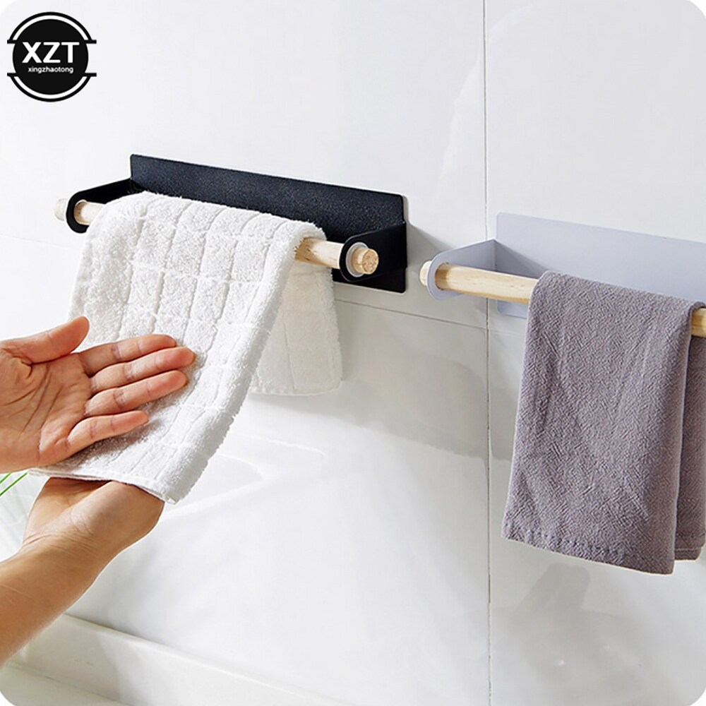 [HENG JI] Self-adhesive Bathroom Towel Rack Bar Kitchen Bathroom Cabinet Hanging Organizer Wood Black Towel Rack Toilet Roll Paper Holder
