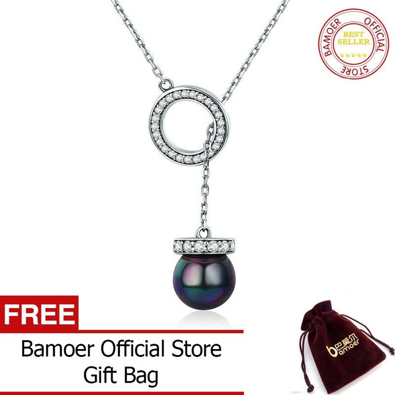 BAMOER Miễn Phí Vận Chuyển Vòng Tròn Bạc Ý 100% 925 Ngọc Trai Giả Màu Đen Dây Chuyền Dài Thanh Lịch Vòng Cổ Mặt Dây Chuyền Nữ Trang Sức Bạc SCN200