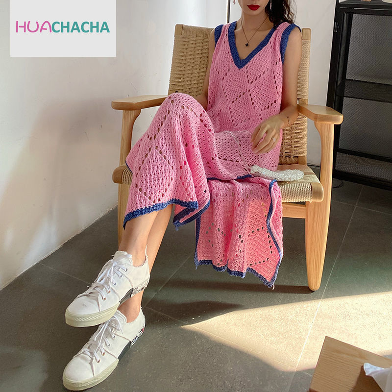 Huachacha váy chữ a dáng rộng không tay maxi cổ chữ v dệt kim khoét lỗ