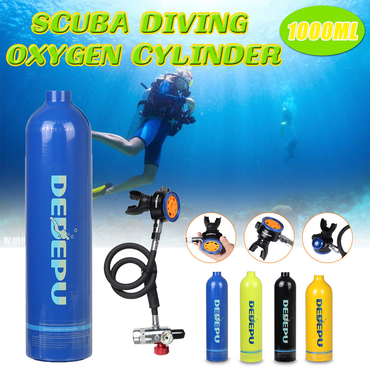 Bình oxy 1L bình khí Bình Thở dụng cụ lặn + Mặt nạ phòng độc-màu xanh