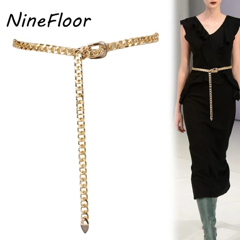 NineFloor Dây Thắt Lưng Kim Loại Cho Nữ Mùa Hè Với Váy, Quần Bò Dây Xích Mỏng Vàng Punk A0006