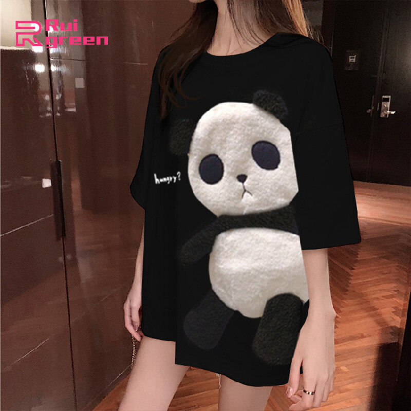 Áo Thun Nữ Tay Ngắn Áo Dài Vừa Cổ Tròn Thêu Gấu Trúc Hoạt Hình Dễ Thương Áo Chui Đầu Dáng Rộng Màu Sắc: Trắng Kích Thước: M