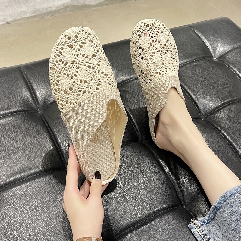 Baotou half slippers female 2022 new joker hollow out the fisherman shoes flax weaving lazy people wear cool slippers tide
