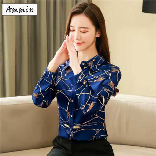 Áo Sơ Mi Lụa Hàn Quốc AMMIN Mới Áo Sơ Mi Nữ Dài Tay Màu Dáng Ôm In Lụa Áo Cánh Công Sở Thường Ngày