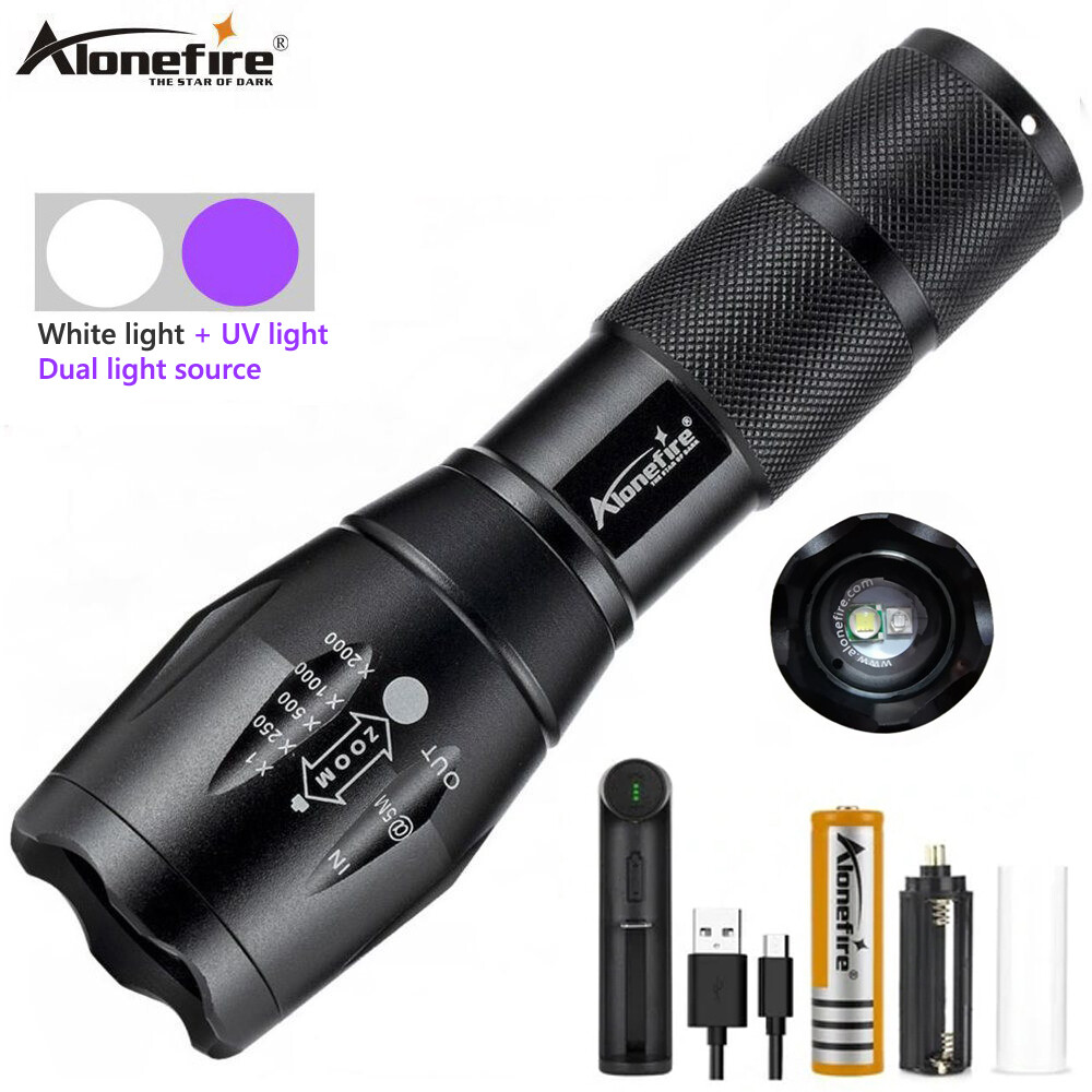 Alonefire E17 T6 + 395nm Đèn LED Hai Nguồn Sáng Đèn Pin UV Chất Huỳnh Quang Phát Hiện Ánh Sáng Đen Tiền Giấy Bắt Bọ Cạp