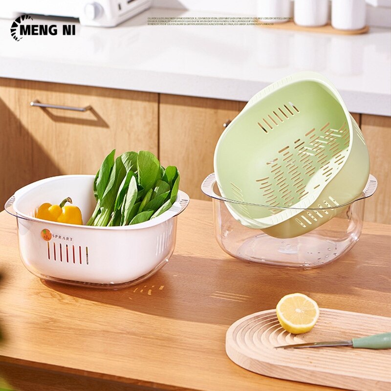 Hangdian chậu rửa hai lớp rổ rửa rau dày cho nhà bếp rổ rửa rau quả ráo nước thoát nước