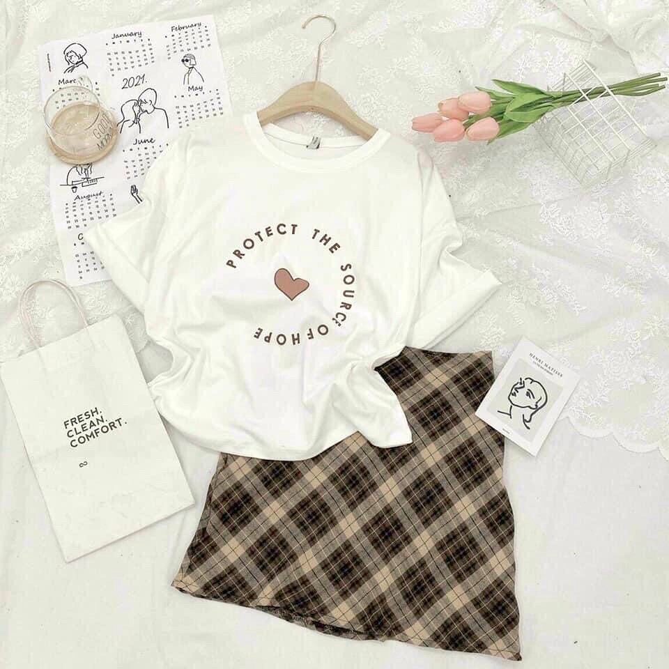 Set chân váy kẻ caro kèm áo tym [] bộ váy caro áo thun rộng ulzzang - chicclothes