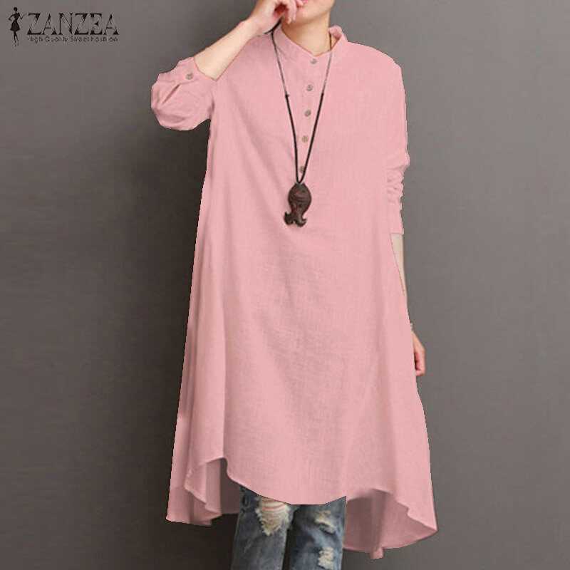 ZANZEA Đầm Lửng Vải Lanh Cotton Thời Trang Kaftan Cổ Tròn Tay Dài Cổ Tròn Có CúcViền Bất Đối Xứng Cổ Điển Dáng Rộng Thùng Thình Màu Trơn