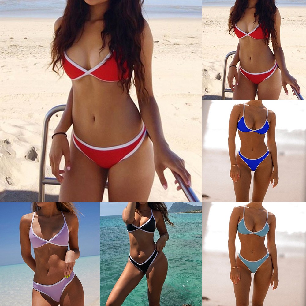 Đồ bơi bikini nữ đi biển spa đồ lót màu trơn mùa hè 2 chiếc băng tóc