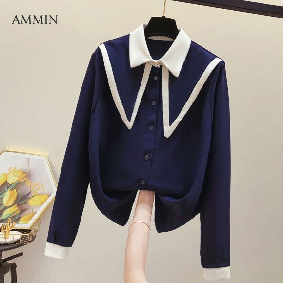 Áo ammin áo kiểu thanh lịch khâu phối màu kiểu cổ điển hàn quốc áo nữ dài tay đính ngọc trai và hạt đính ngọc trai mới mùa thu 2021