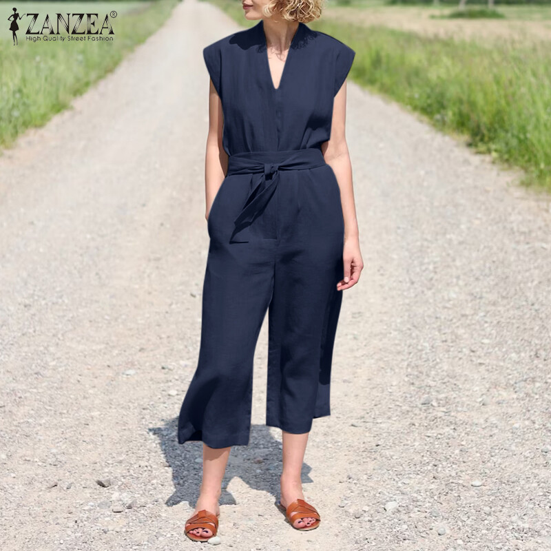 【Giảm giá】MOMONACO ZANZEA Muslimah Áo Liền Quần Cổ Chữ V Cotton Hồi Giáo Cho Nữ Áo Liền Quần Quần Dài Túi Hộp Áo Liền Quần (Kèm Thắt Lưng) MCO