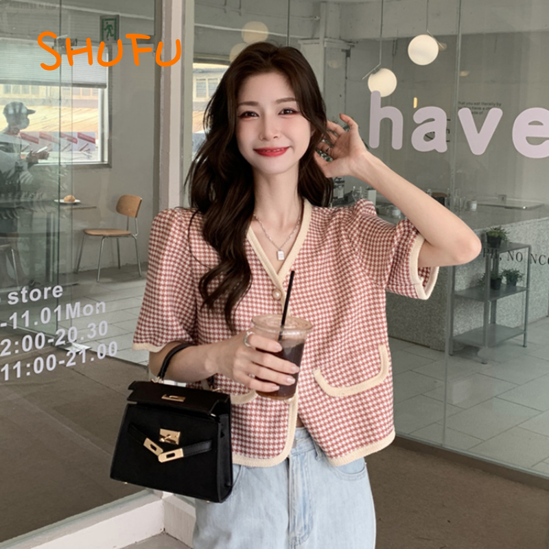 SHUFU 2628 Hàng sẵn sàng phong cách hàn quốc áo blazers cho phụ nữ trang trọng cộng với kích thước tay ngắn áo khoác ca rô