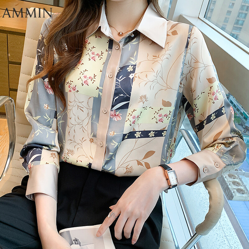 AMMIN Áo Sơ Mi In Hình Nơ Dài Tay Phong Cách Hàn Quốc 2021 Cho Nữ Áo Voan Dài Tay Hoa Cổ Điển Áo Cánh Thường Ngày