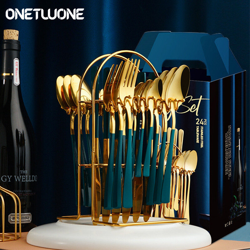 Onetwone 24Pcs/Set Stainless Steel Dinner Dinnerware Set Fork steak knife Coffee Spoon Cutlery Set Kitchen Tableware Sets with gift box Flatware set ราคา 689 บาท*ส่งฟรี