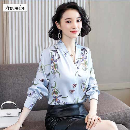 Áo AMMIN OL Áo Sơ Mi Lụa Dâu Tằm In Hoa Dài Tay Cổ Chữ V Phong Cách Thời Trang Mới Cho Nữ Áo Sơ Mi Nữ Cỡ Lớn Thanh Lịch Và Mềm Mại