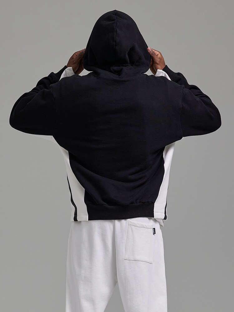 OMG tide brand winter plus velvet high weight cotton warm gray sports sweater men's hooded contrast color pullover