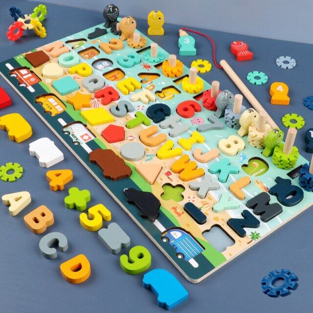 ไม้มอนเตสซอรี่ของเล่นผลไม้ดิจิตอลตัวอักษรสัตว์รูปสีตัวต่อจับคู่ Busy Board การศึกษาเด็กของเล่น1 2 3