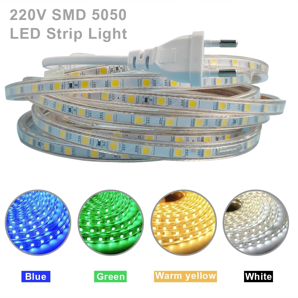 SMD 5050 AC220V แถบไฟ LED ยืดหยุ่นได้60 Led/ เมตรเทปไฟ LED ไฟตกแต่งห้องนั่งเล่น