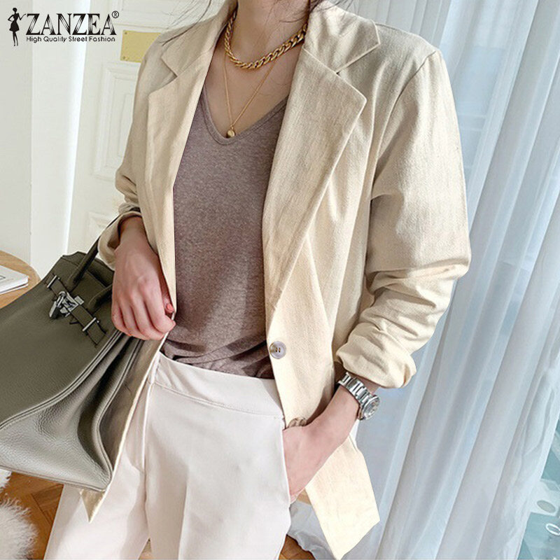 Momonaco zanzea áo khoác cổ bẻ cổ điển cho nữ áo blazer cotton một hàng cúc thoải mái màu trơn #11