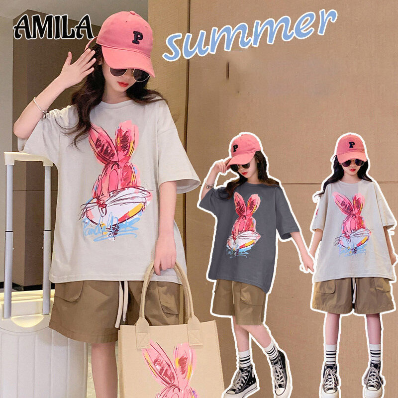 AMILA Girls cotton round neck short sleeve t-shirt Summer new loose fashion cute cartoon print children's t-shirt