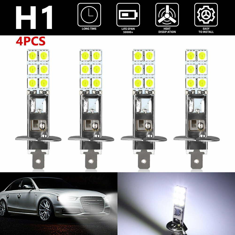 【tehautoshop】Bộ 4 Bóng Đèn Pha LED Trắng H1 6000K Đèn Sương Mù Lái Xe 12V-24V