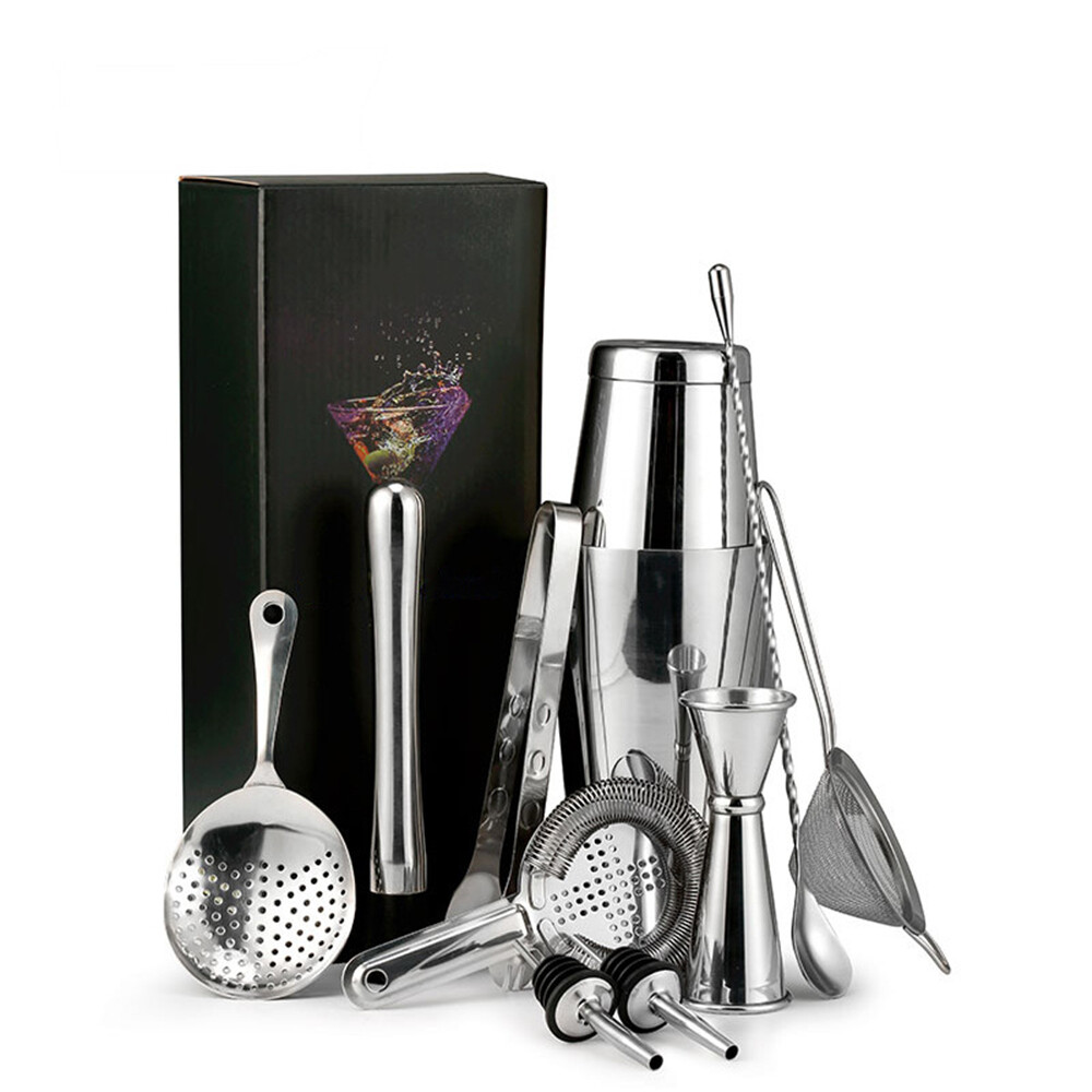 Bộ bình lắc cocktail 11 món, bộ dụng cụ lắc và dụng cụ quán bar boston nặng 18 & 28oz sử dụng thép không gỉ cao cấp 304, bộ dụng cụ pha chế hoàn hảo dành cho gia đình hoặc quán bar