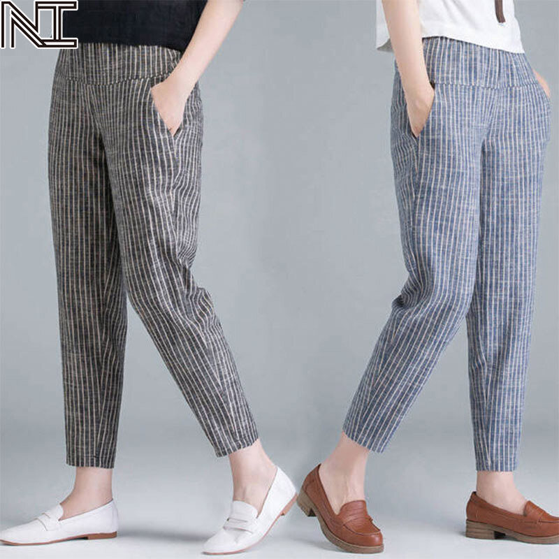 NI New style cotton and linen women's trousers thin loose harem pants casual radish pants linen vertical stripes small feet nine-point pants ราคา 134 บาท*ส่งฟรี