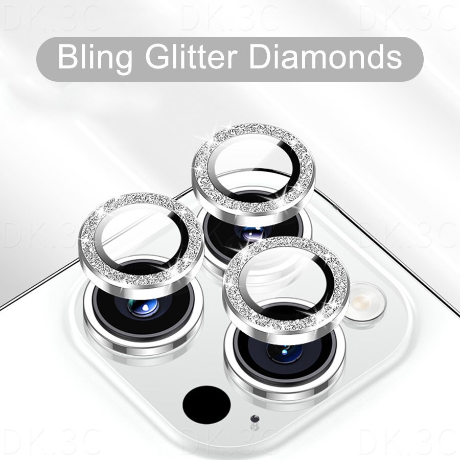 Cho iphone 14 13 12 11 pro max / 14 cộng với/12 13 mini bling kim cương lấp lánh bảo vệ ống kính máy ảnh vòng kim loại với kính cường lực