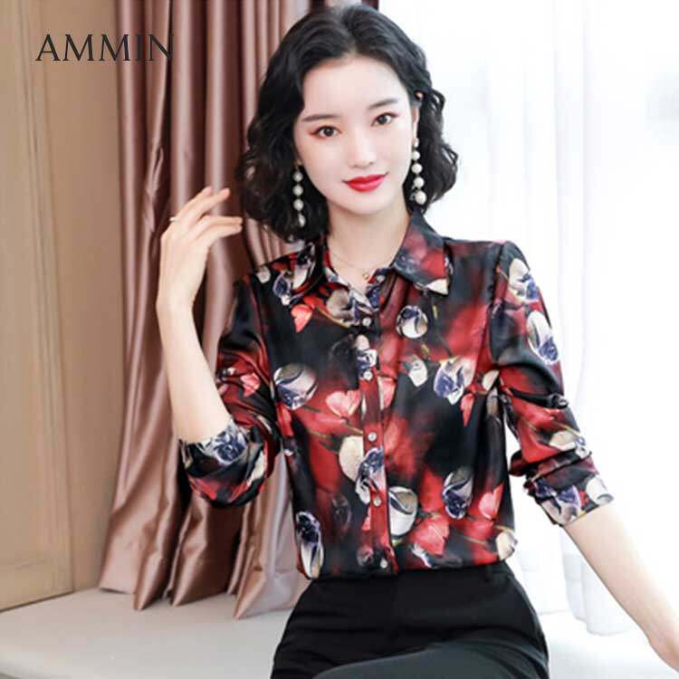 S-4XL AMMIN Áo Sơ Mi Lụa Hoa Mới Phong Cách Hàn Quốc Khí Chất Dài Tay Của Nữ Blose Thường Ngày Dáng Rộng In Họa Tiết