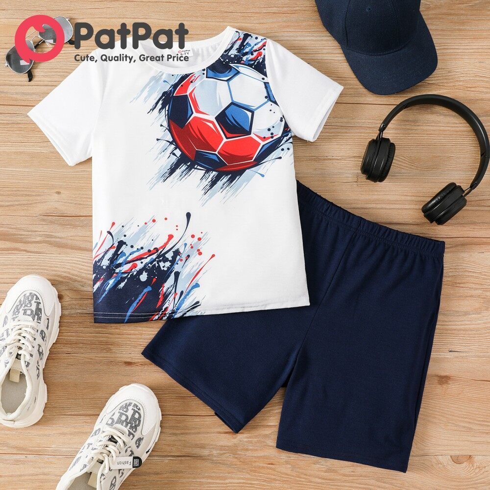 PatPat 2pcs Kid Boy Balls Print Short-sleeve Tee and Dark Blue Shorts Set