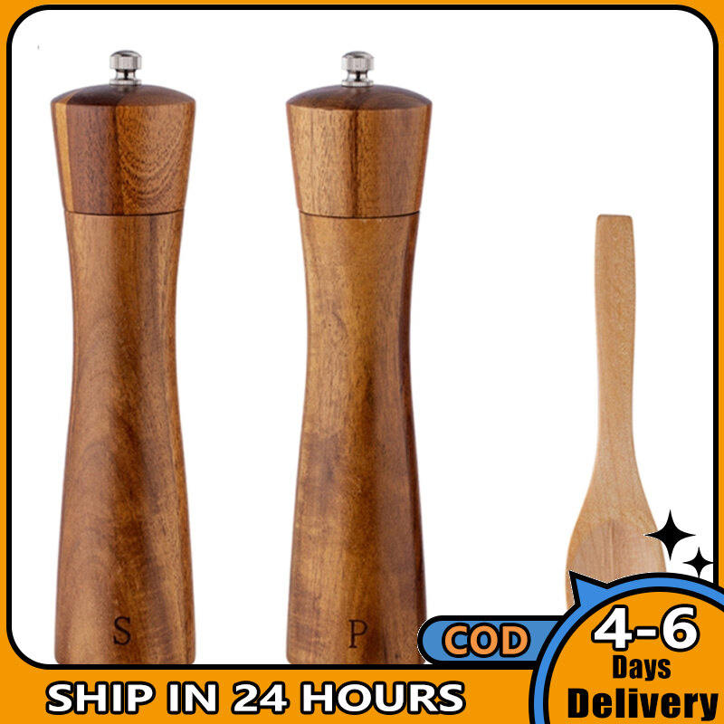 2 cái thủ công Nhà bếp gỗ 8-inch Dụng cụ xay hạt tiêu Độ dày điều chỉnh được không ăn mòn gốm Mài lõi sức chứa lớn Mài Bộ bình nước