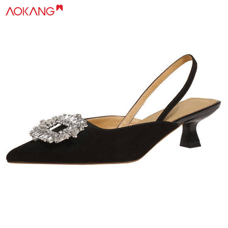Aokang giày xăng-đan 3cm giày cao gót kim cương giày cao gót đế thấp gót thấp gót thấp gót vuông khuy vuông