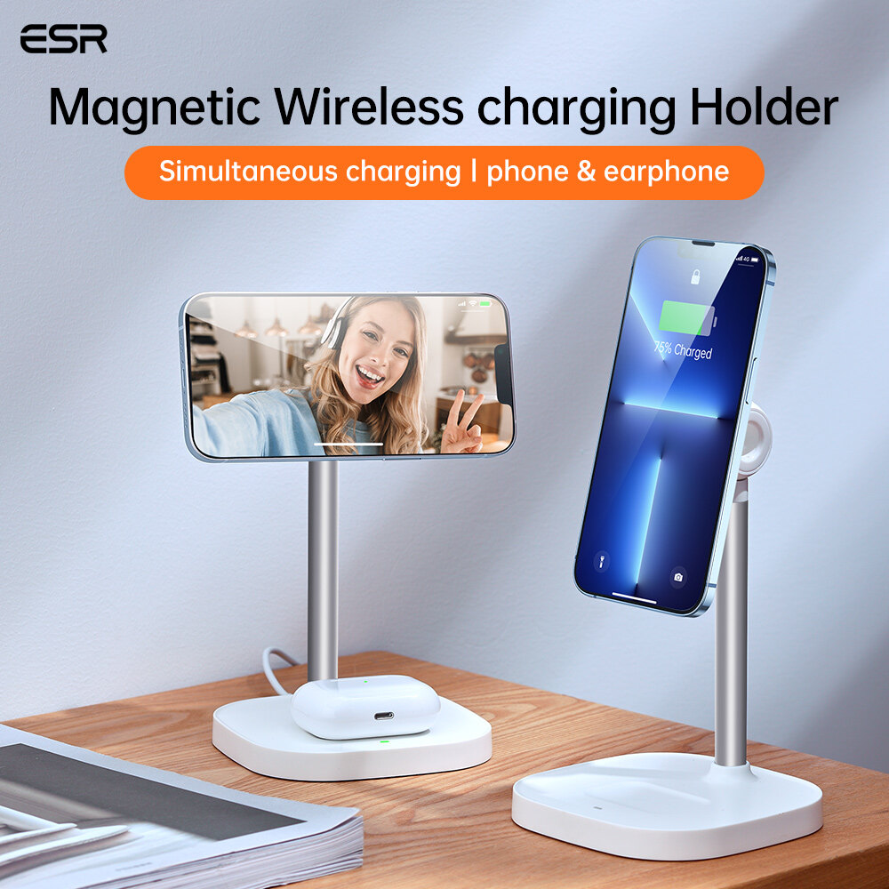 ESR Bộ Sạc Không Dây Từ Tính 15W Cho iPhone 13/12/11 Cho AirPods Bộ Sạc Không Dây Nhanh Từ Tính 2 Trong 1 Đế Sạc Không Dây Điện Thoại Cho Samsung