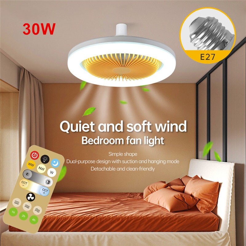 Angelila 30W Ceiling Fan with Light and Remote E27 LED Bulb Universal AC85V