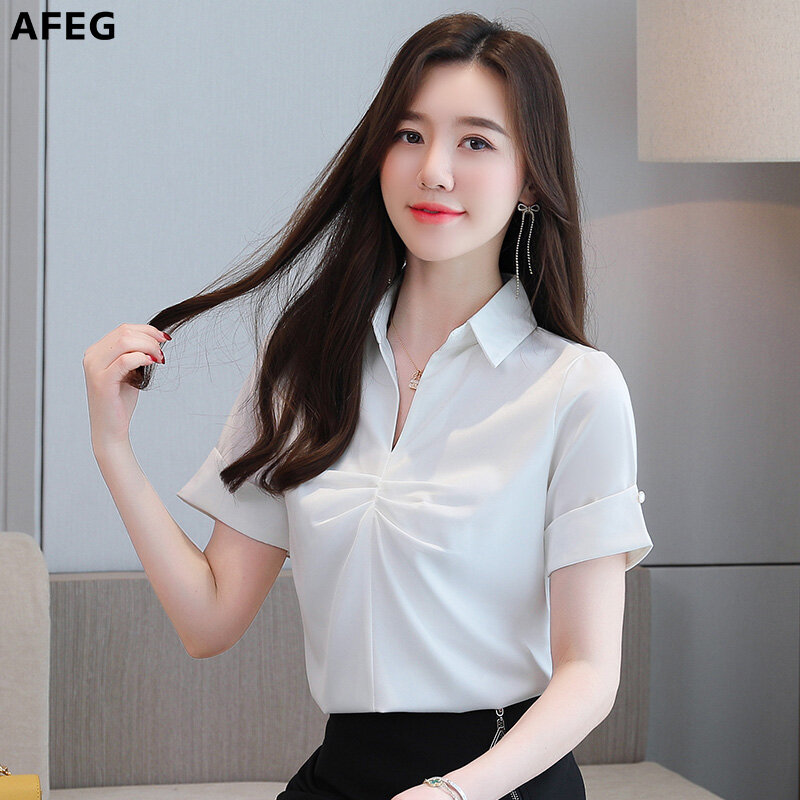AFEG Áo Kiểu Nữ OL Thanh Lịch Thanh Lịch Thời Trang Thường Ngày Màu Trơn Tay Ngắn Hàn Quốc Mới