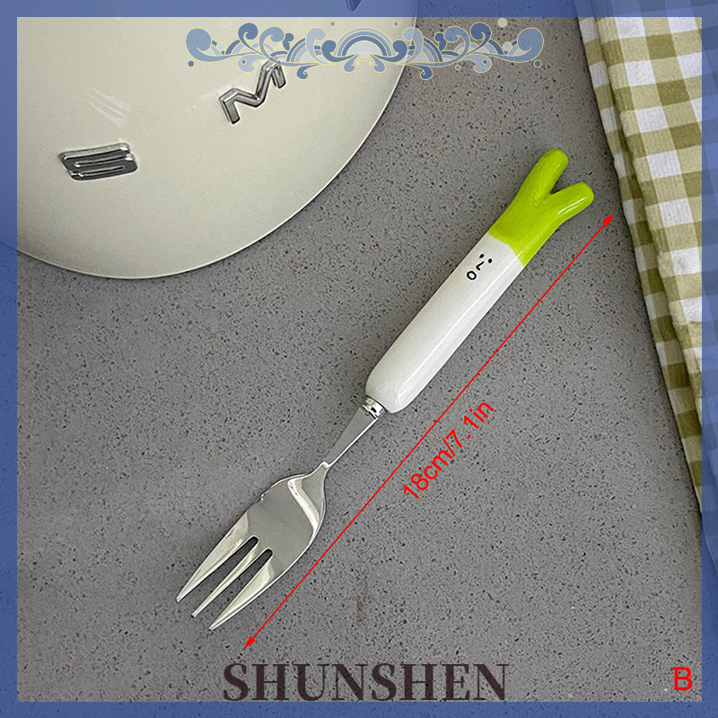 [Shunshen] dễ thương phim hoạt hình màu xanh lá cây hành tây thép không gỉ Bộ đồ ăn bằng gốm gia đình muỗng và Ngã Ba