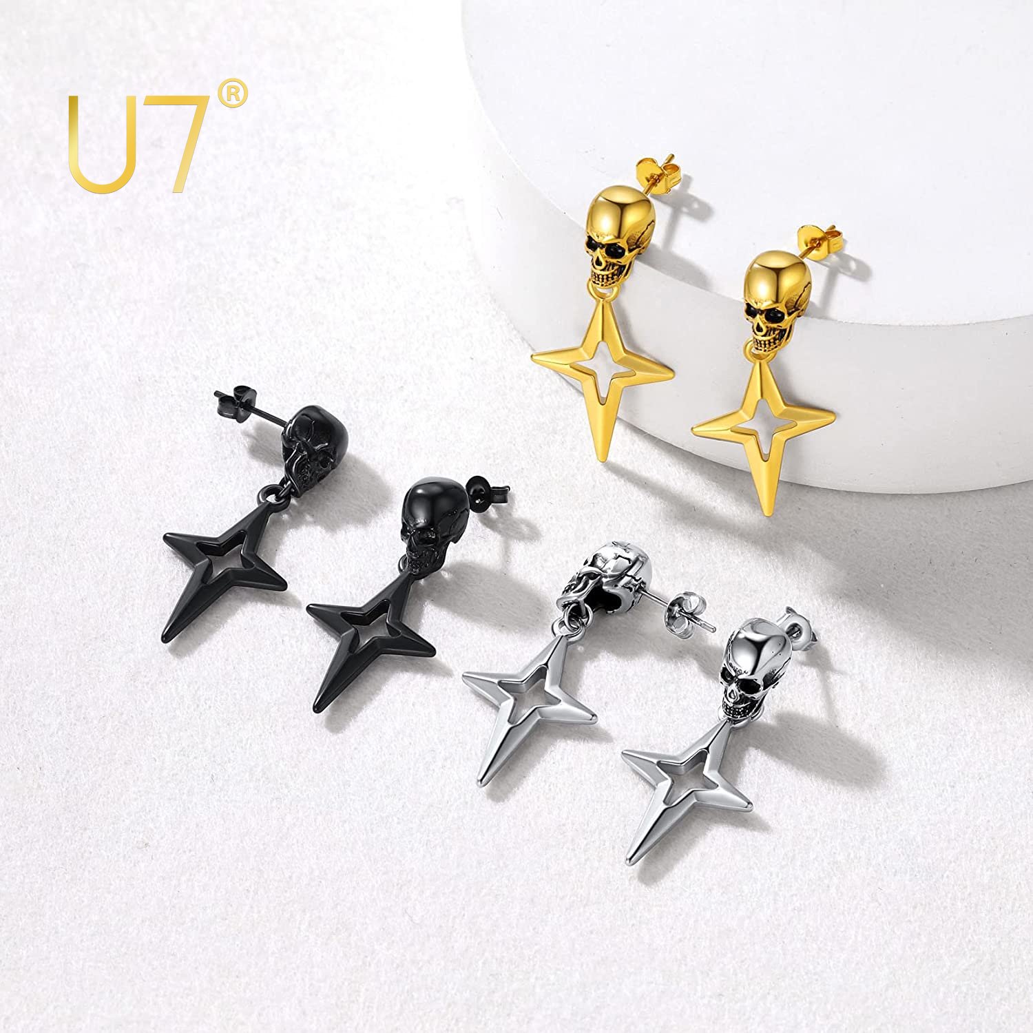 [Clearance] U7 Gothic Skull Earring Studs 18K Gold Plated Stainless Steel Four-pointed Star Skeleton Dangle Earrings Hip Hop Halloween Drop Earrings for Men Women ราคา 233 บาท*ส่งฟรี
